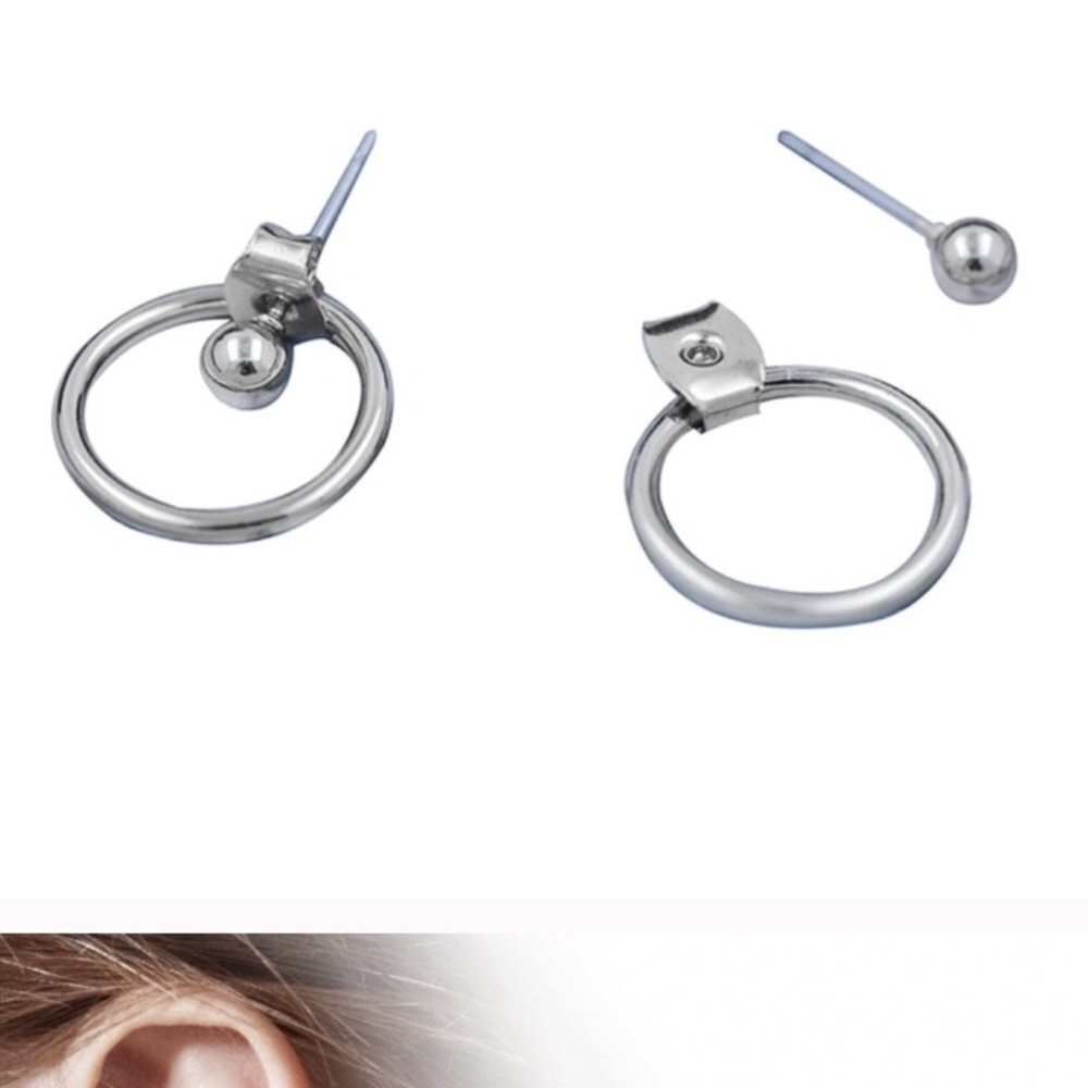 Silver Tone Ball Circle Jacket Stud Earrings - Picture 3 of 4